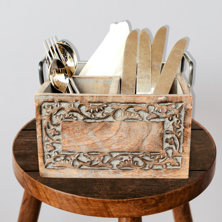 Wooden Cutlery Holder / Grey wash / 20*20*13 cm