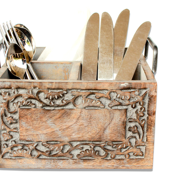 Wooden Cutlery Holder / Grey wash / 20*20*13 cm