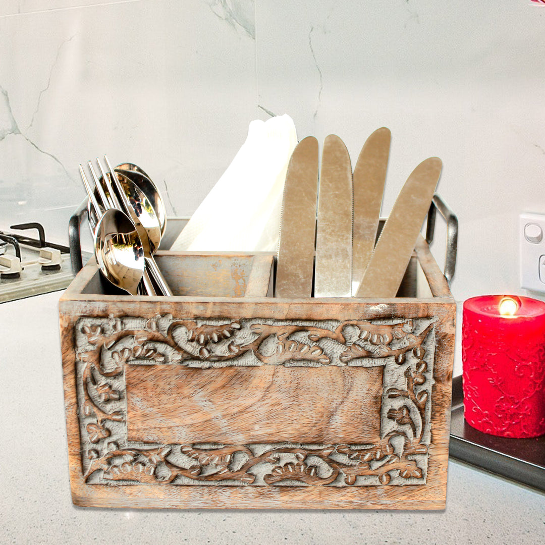 Wooden Cutlery Holder / Grey wash / 20*20*13 cm