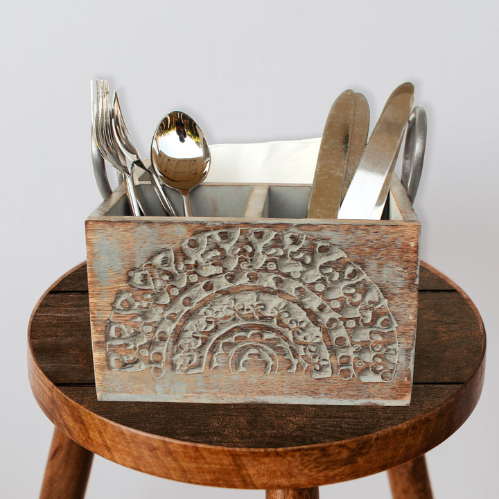 Trunkin' Wooden Sculpted Cutlery Holder / Grey Wash / 8"*8"*5"