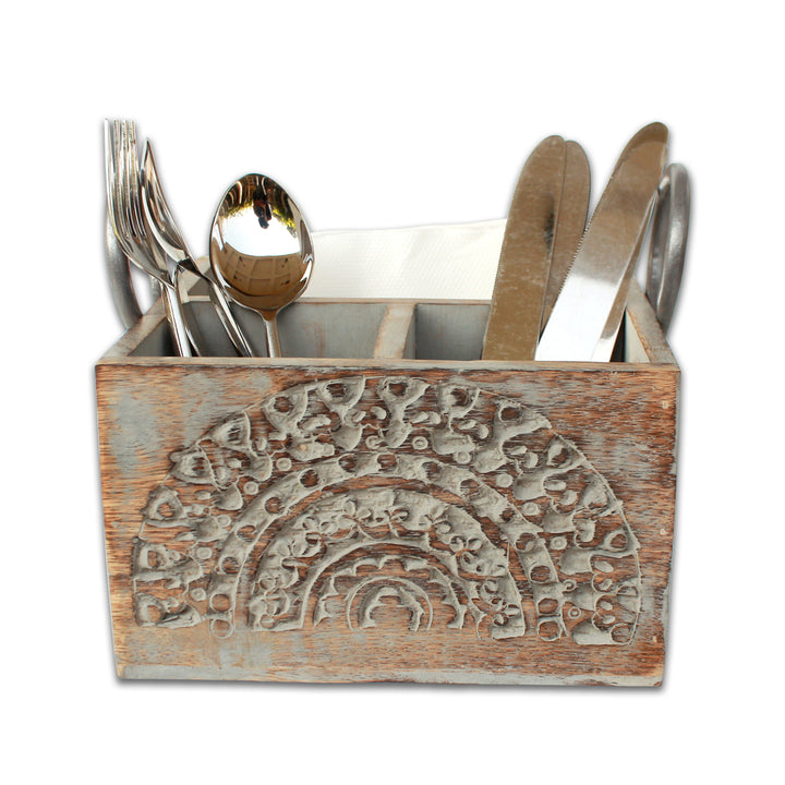 Trunkin' Wooden Sculpted Cutlery Holder / Grey Wash / 8"*8"*5"