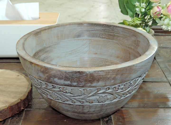 Rustic Salad Bowl Flower with Grey wash- 10"x5" Inch