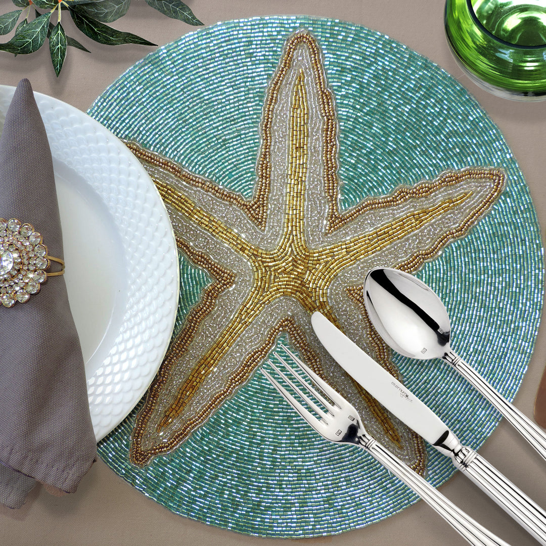 Ringo Star Fish Embroidered Placemat / 15" / Set of 2 / Teal Gold