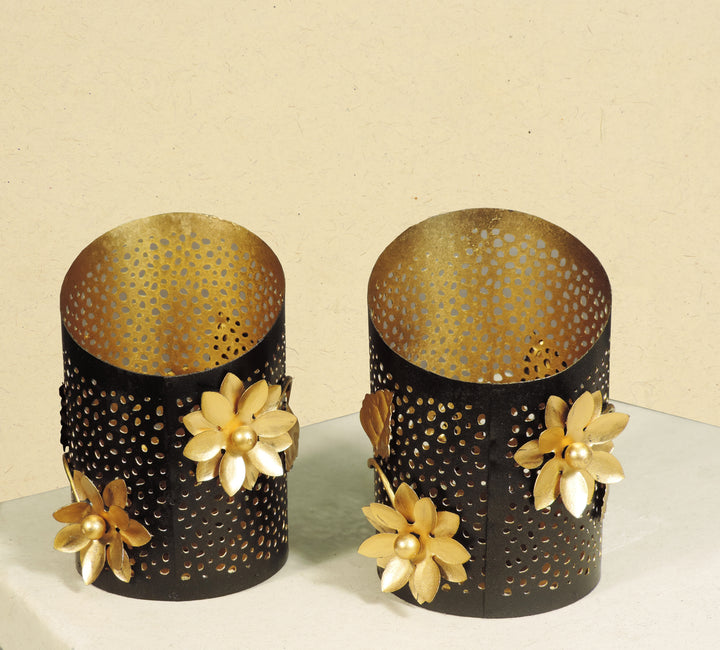 Noor Collection - Set of 2 Votives on a decorative trays - Black & Gold