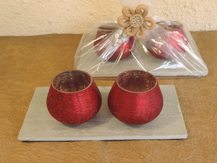 Ainaa Collection - Set of 2 Glass Votive with a Decorative tray -  Red