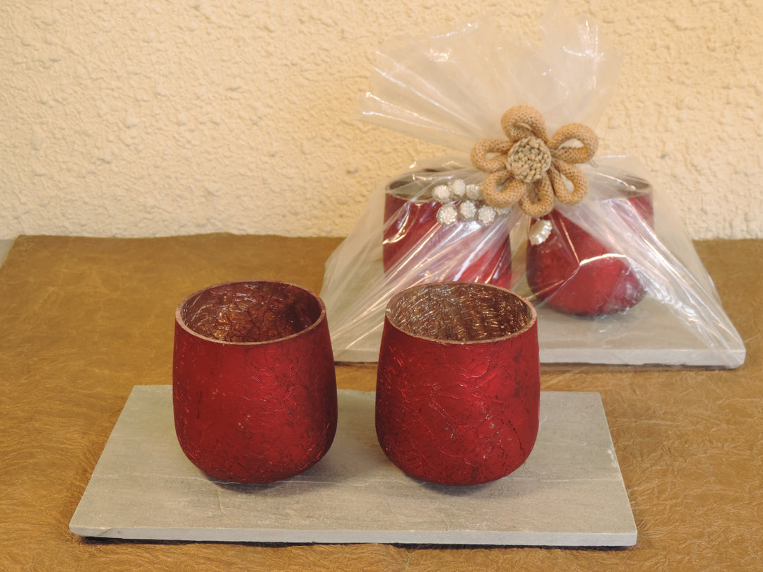 Ainaa Collection - Set of 2 Glass Votive with a Decorative tray -  Red