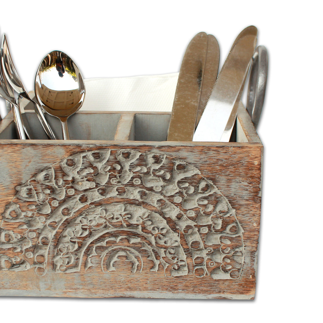 Trunkin' Wooden Sculpted Cutlery Holder / Grey Wash / 8"*8"*5"