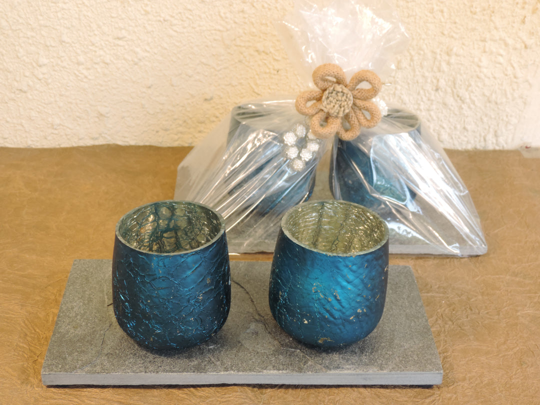 Ainaa Collection - Set of 2 Glass Votive with a Decorative tray - Turquoise