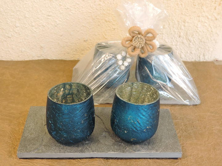 Ainaa Collection - Set of 2 Glass Votive with a Decorative tray - Turquoise