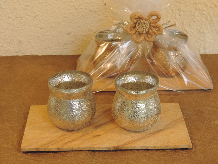 Ainaa Collection - Set of 2 Glass Votive with a Decorative tray - Silver