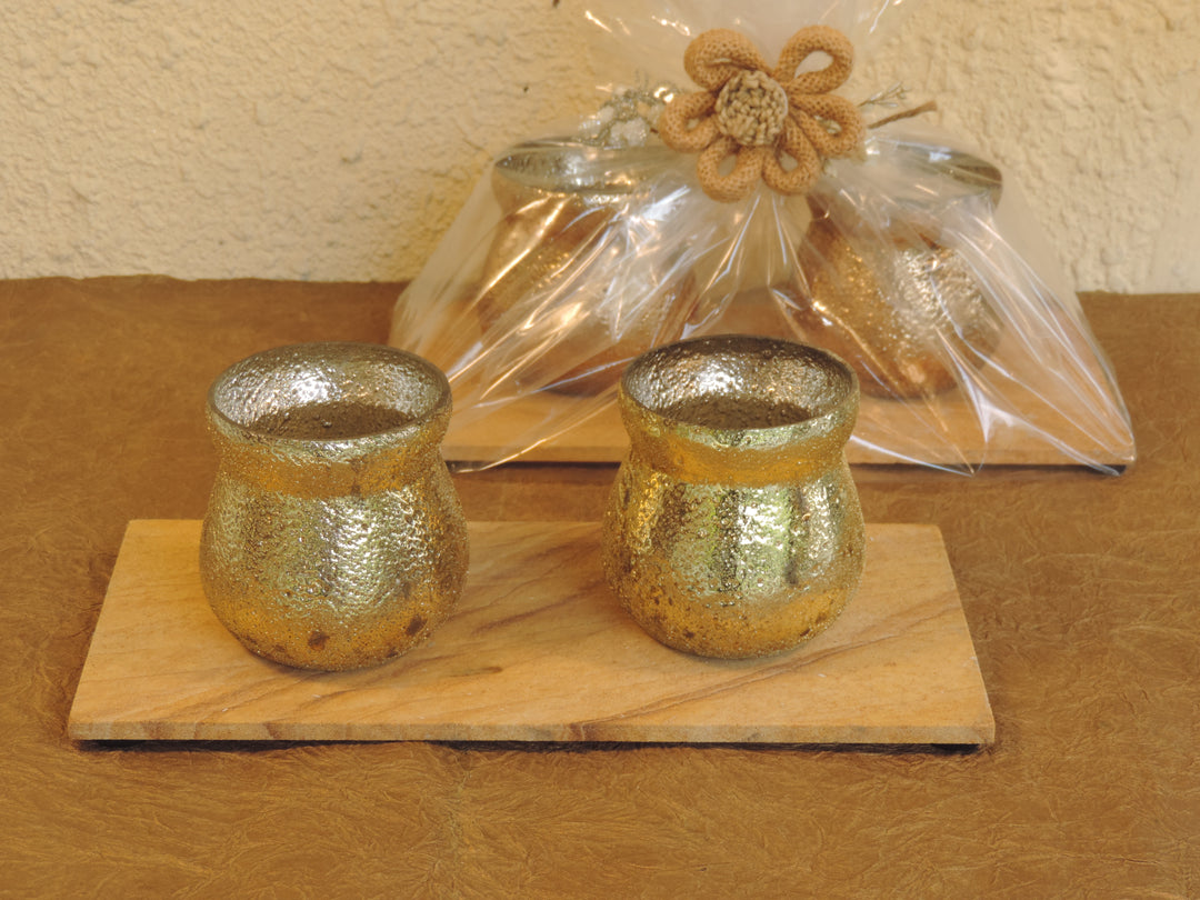 Ainaa Collection - Set of 2 Glass Votive with a Decorative tray - Gold