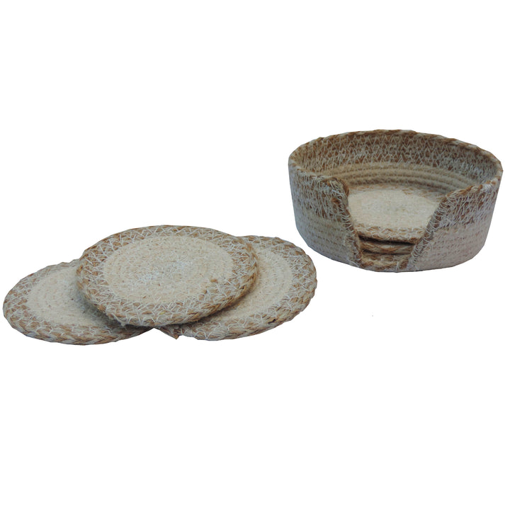 Cream & Natural Jute Coaster with Holder set of 6 - 4"