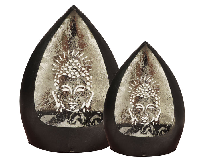 Chiragh Collection - Buddha Set of 2 Votives with tea light - Black & Silver