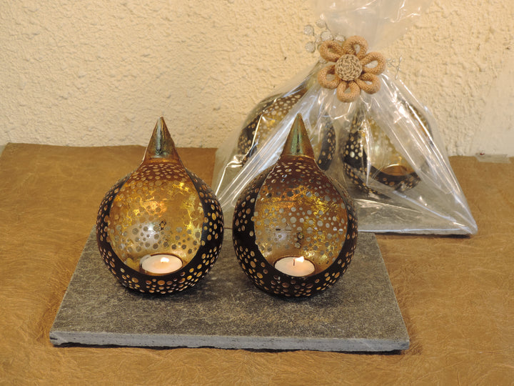 Noor Collection - Set of 2 Votives with a decorative trays - Black & Gold