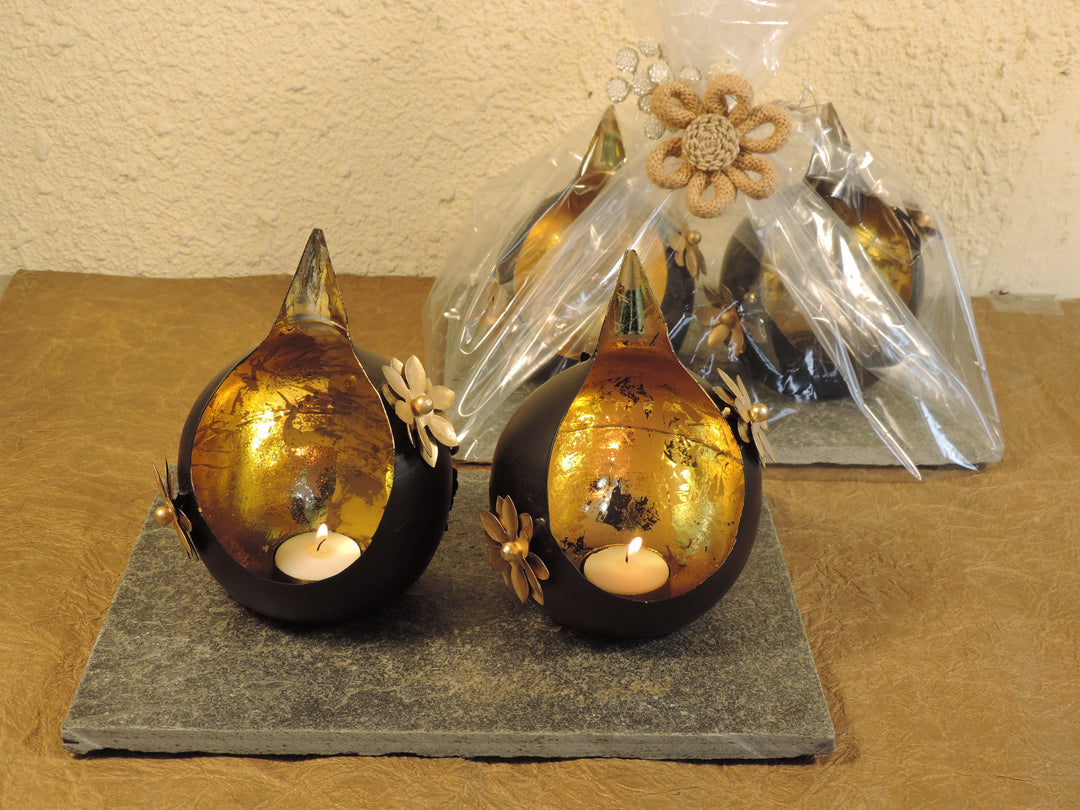 Noor Collection - Set of 2 Votives with a decorative trays - Black & Gold