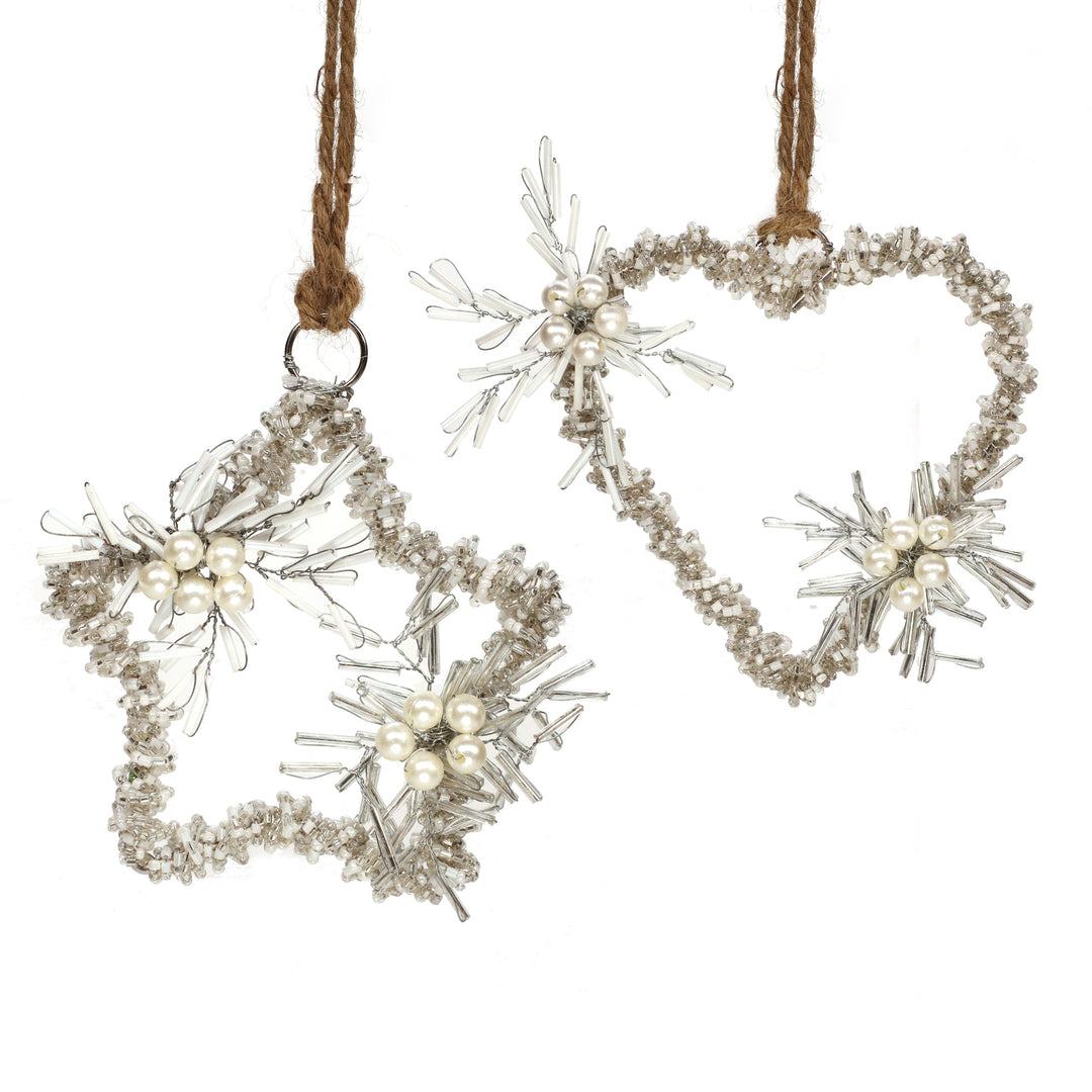 Soul Mates Beaded Holiday Heart & Star Hangings / Cream, Silver / 4" / Set of 2 - trunkin.in