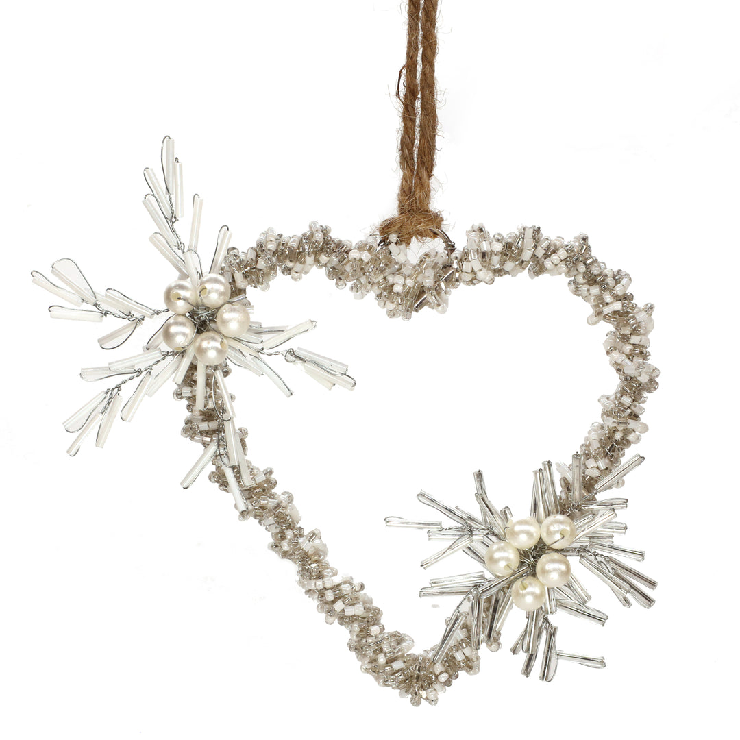 Soul Mates Beaded Holiday Heart & Star Hangings / Cream, Silver / 4" / Set of 2 - trunkin.in