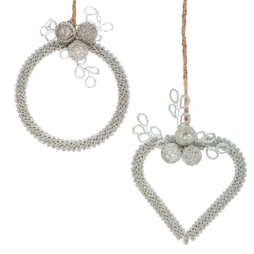 Soul Mates Beaded Holiday Heart & Wreath Hangings / Silver / 4" / Set of 2 - trunkin.in