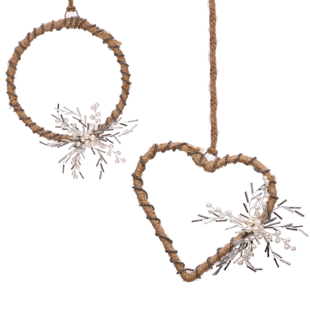 Back To Nature Wreath & Heart Hanging/ Natural, Silver & White/ 6"x6" / Set of 2