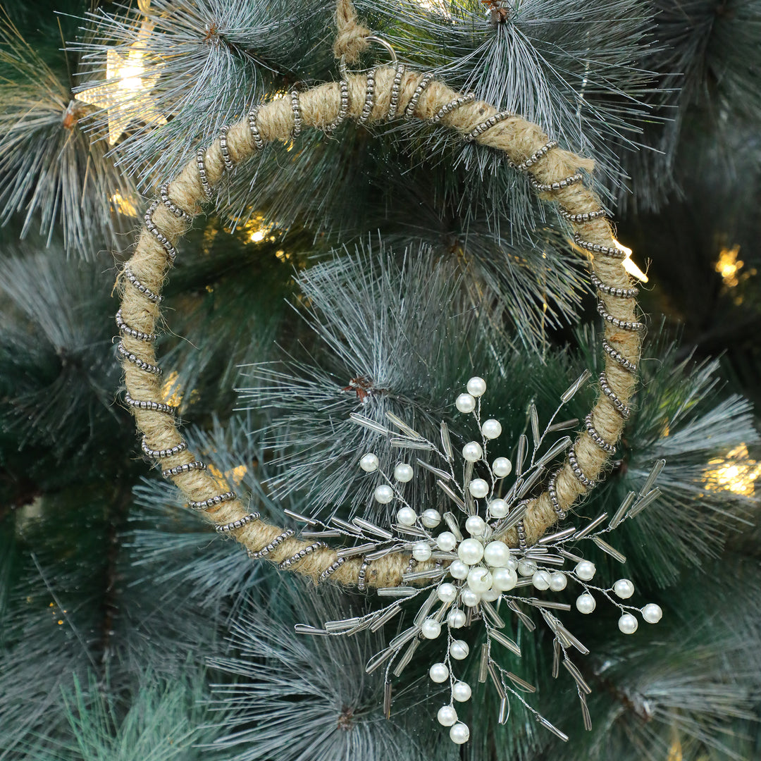 Back To Nature Wreath & Heart Hanging/ Natural, Silver & White/ 6"x6" / Set of 2