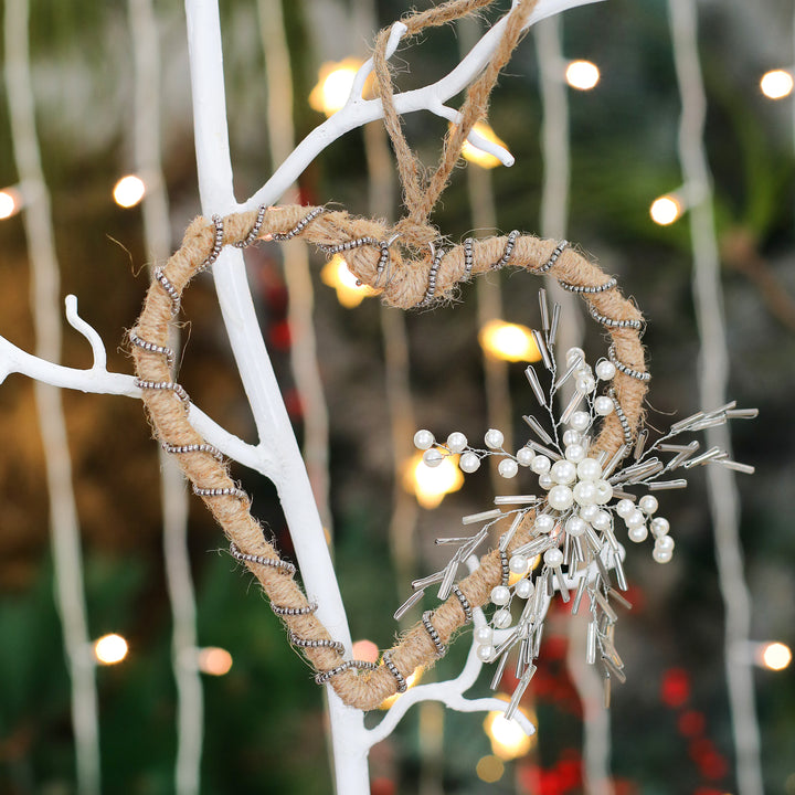 Back To Nature Wreath & Heart Hanging/ Natural, Silver & White/ 6"x6" / Set of 2