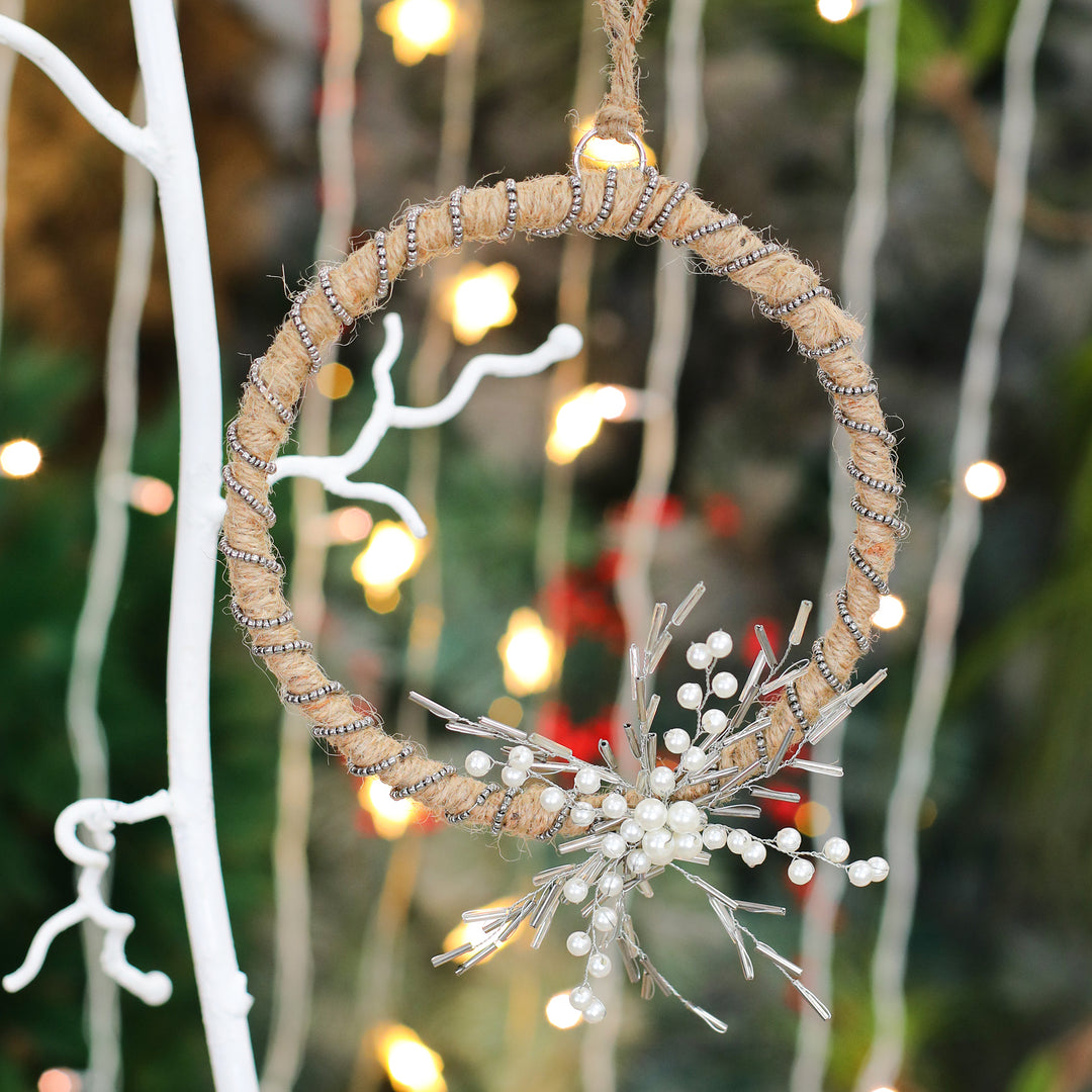 Back To Nature Wreath & Heart Hanging/ Natural, Silver & White/ 6"x6" / Set of 2