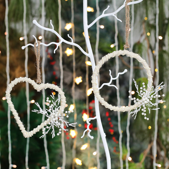 Back To Nature Wreath & Heart Hanging/ Cream, Silver & White/ 6"x6" / Set of 2