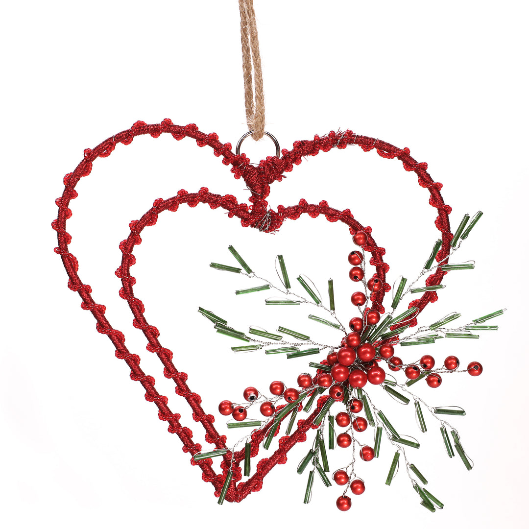 Back To Nature Wreath & Heart Hanging/ Red & Green/ 6"x6" / Set of 2