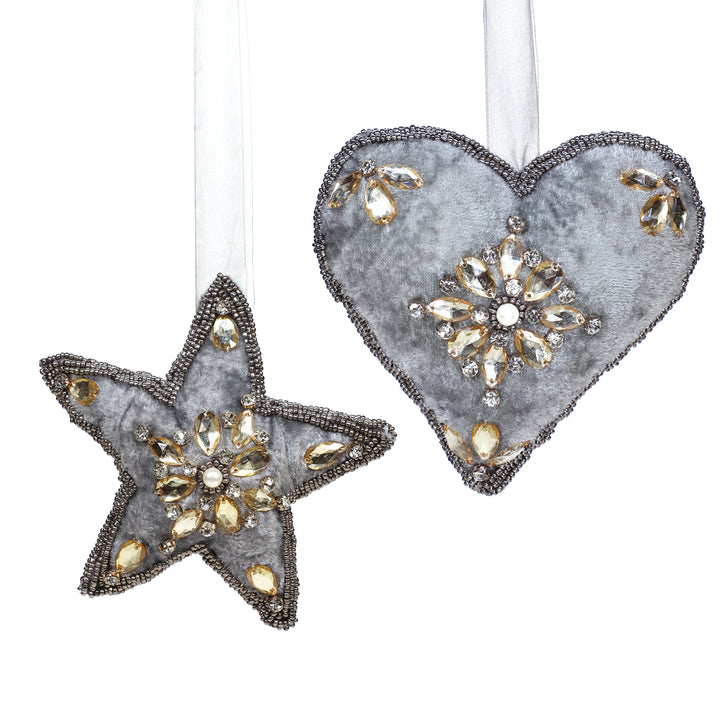 Sugar & Spice Bead Embroidered Plush Hangings / Grey, Gold / 6" / Set of 2 - trunkin.in