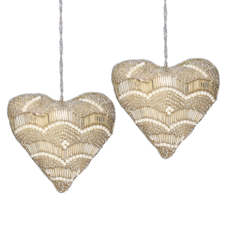 Heart Bead Embroidered Plush Hangings / Gold / 4" / Set of 2 - trunkin.in