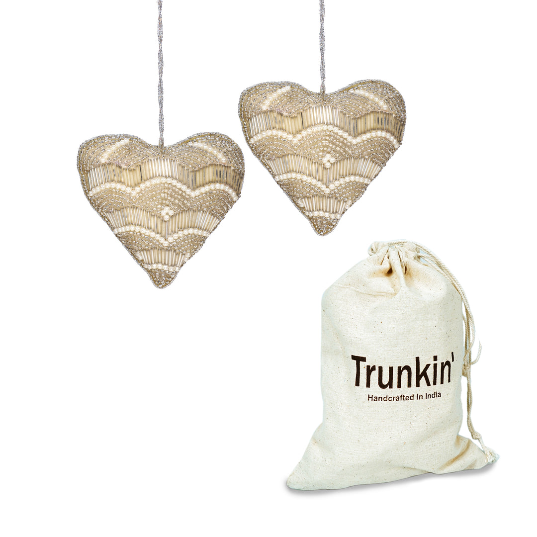 Heart Bead Embroidered Plush Hangings / Gold / 4" / Set of 2 - trunkin.in