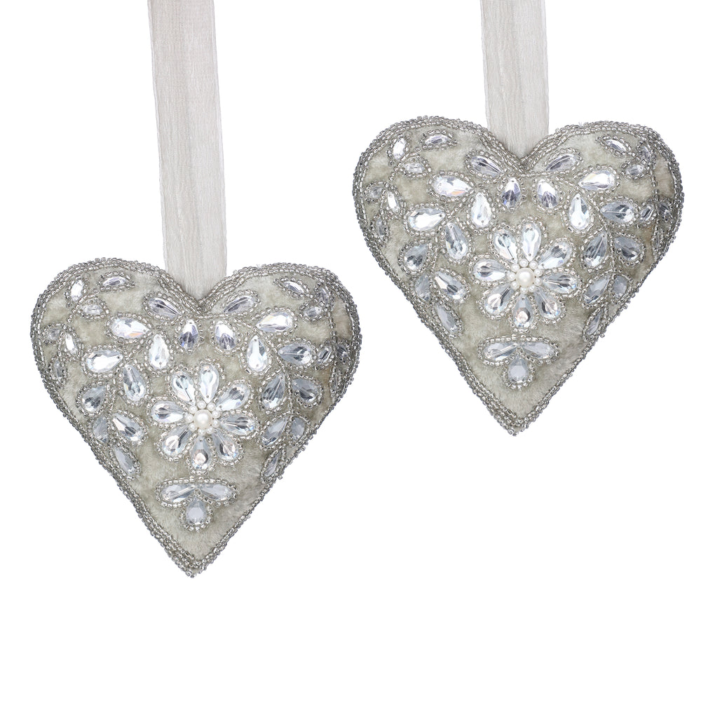 #LOVE Bead Embroidered Heart Hanging / Lt. Grey / 6"x6" / Set of 2 - trunkin.in