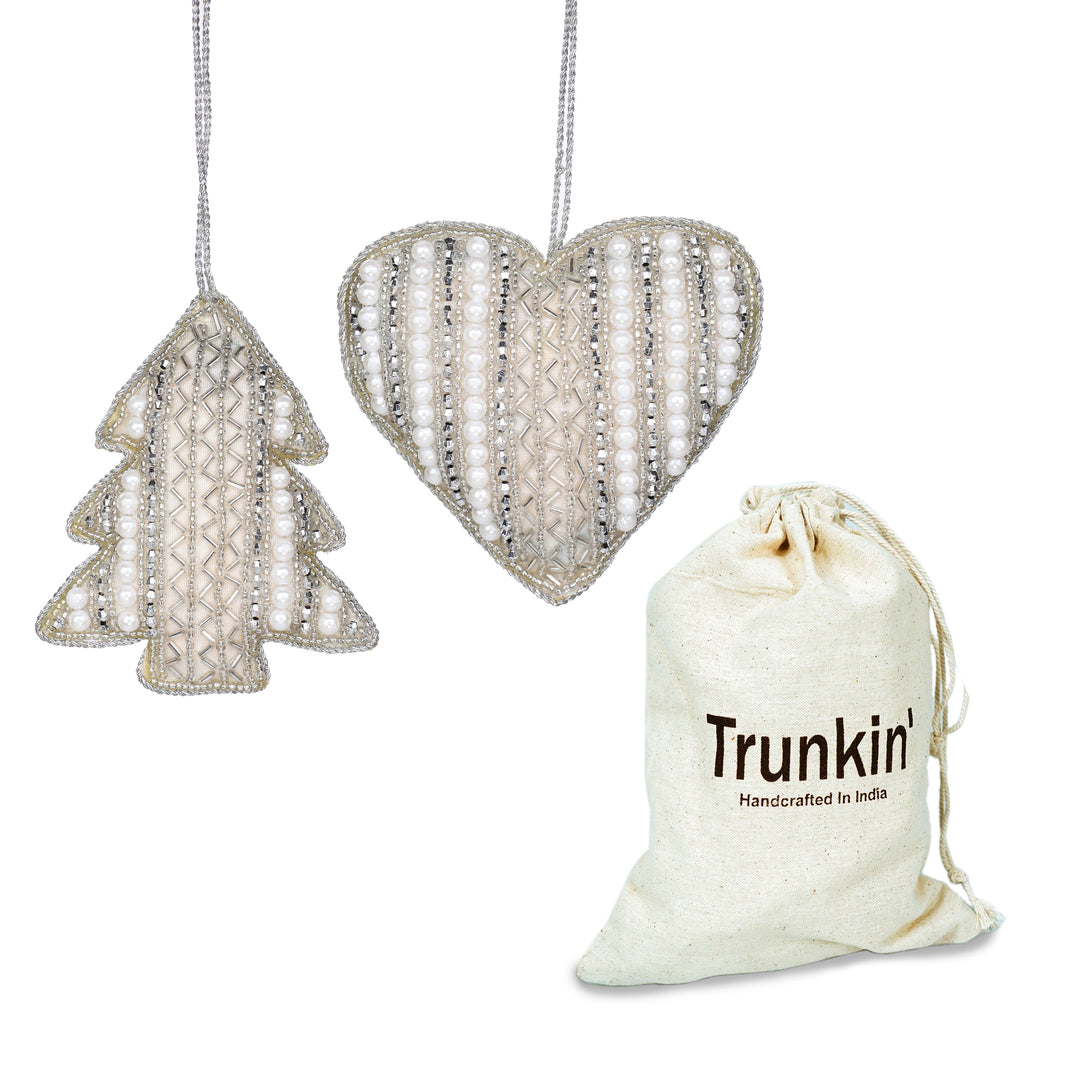 Sugar & Spice Bead Embroidered Plush Hangings / White, Silver / 4" / Set of 2 - trunkin.in