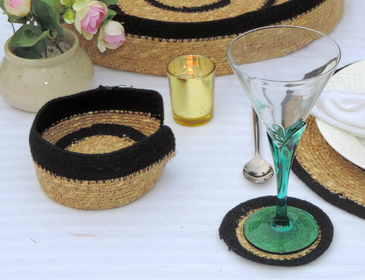 Black & Natural Jute Coaster with Holder set of 6 - 4"