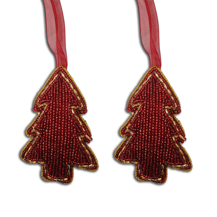 Embroidered Tree Hangings / Red & Gold/ 4" / Set of 2